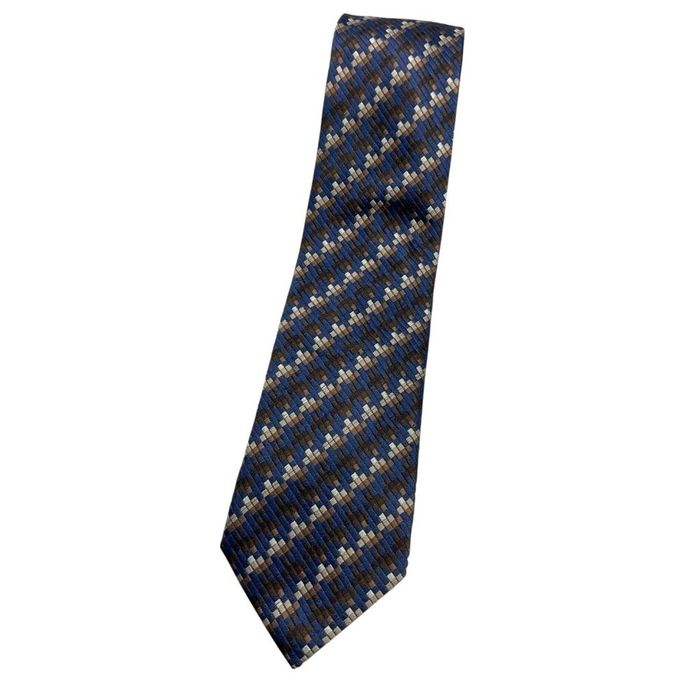 CANALI Men's 100% Silk Necktie LUXURY Tie Blue Brown Beige Geometric W:3.7" EUC